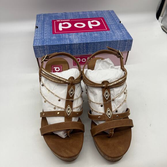 Pop Womens Electricity Wedge Sandals Brown Cognac Size 10M - Picture 2 of 11